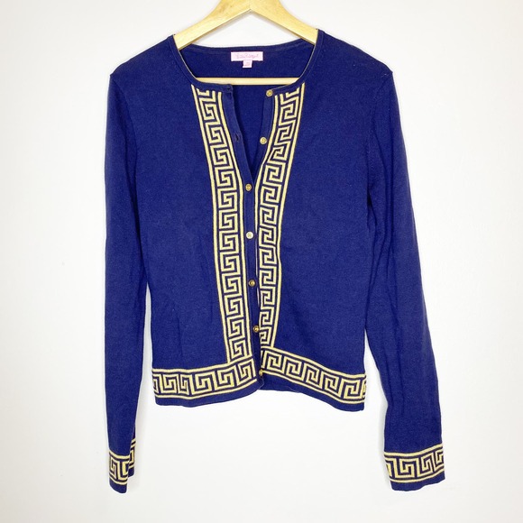 Lilly Pulitzer Greek Geometric Cardigan Navy and Gold Medium - Picture 1 of 7